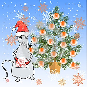 Happy New Year postcard. Christmas tree in pot, rat on blue winter holiday stock vector illustration photo